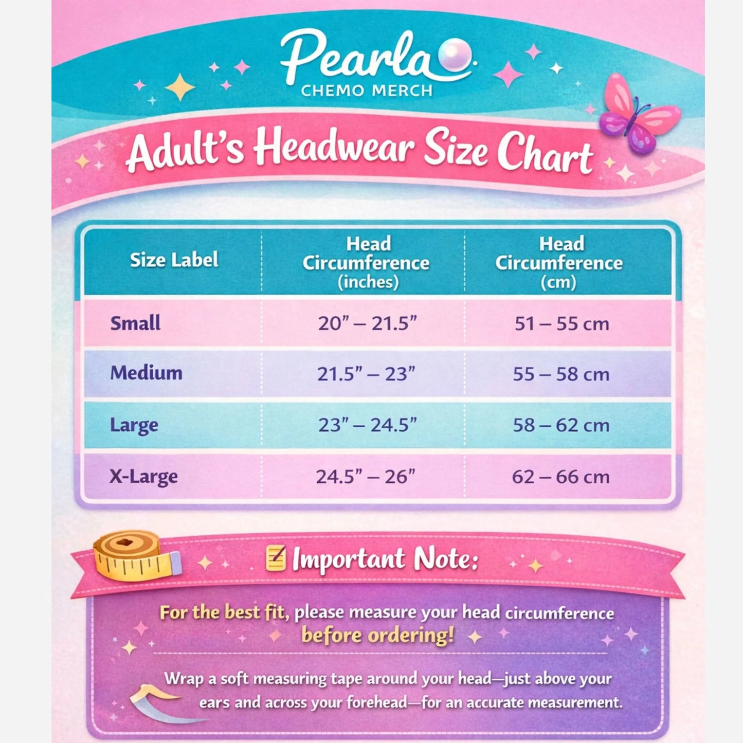 Pearla Chemo Merch Adult's Headwear Size Chart with head circumference measurements.