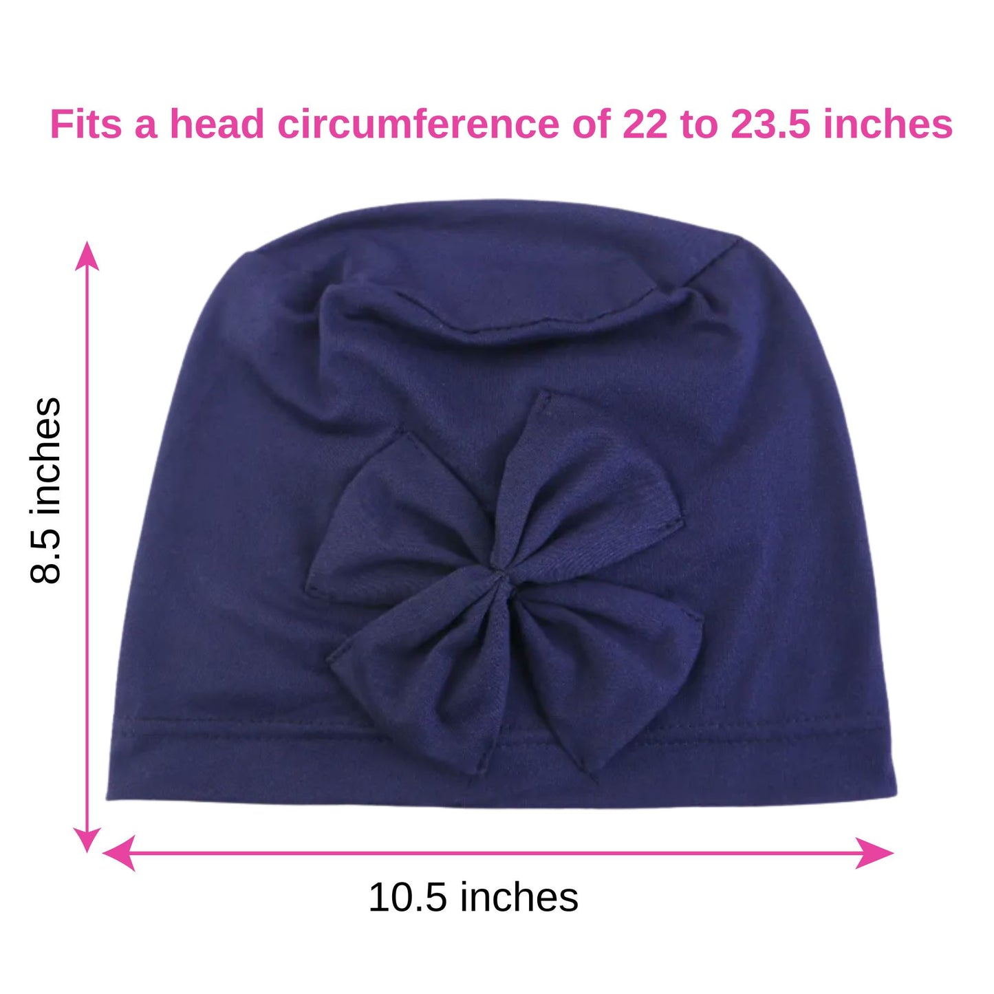 Navy blue baby hat with a large bow, shown with measurements on a white background.