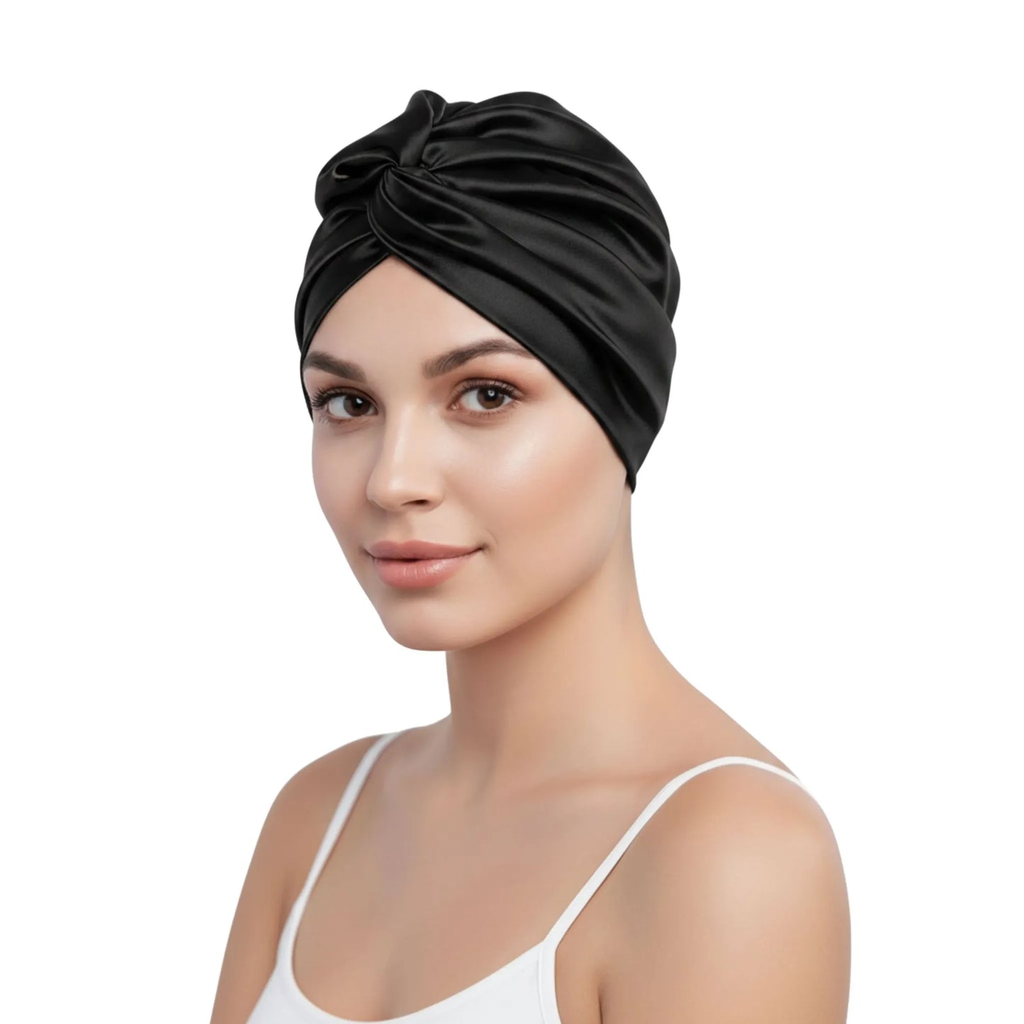 Woman wearing a black silk head wrap on a white background