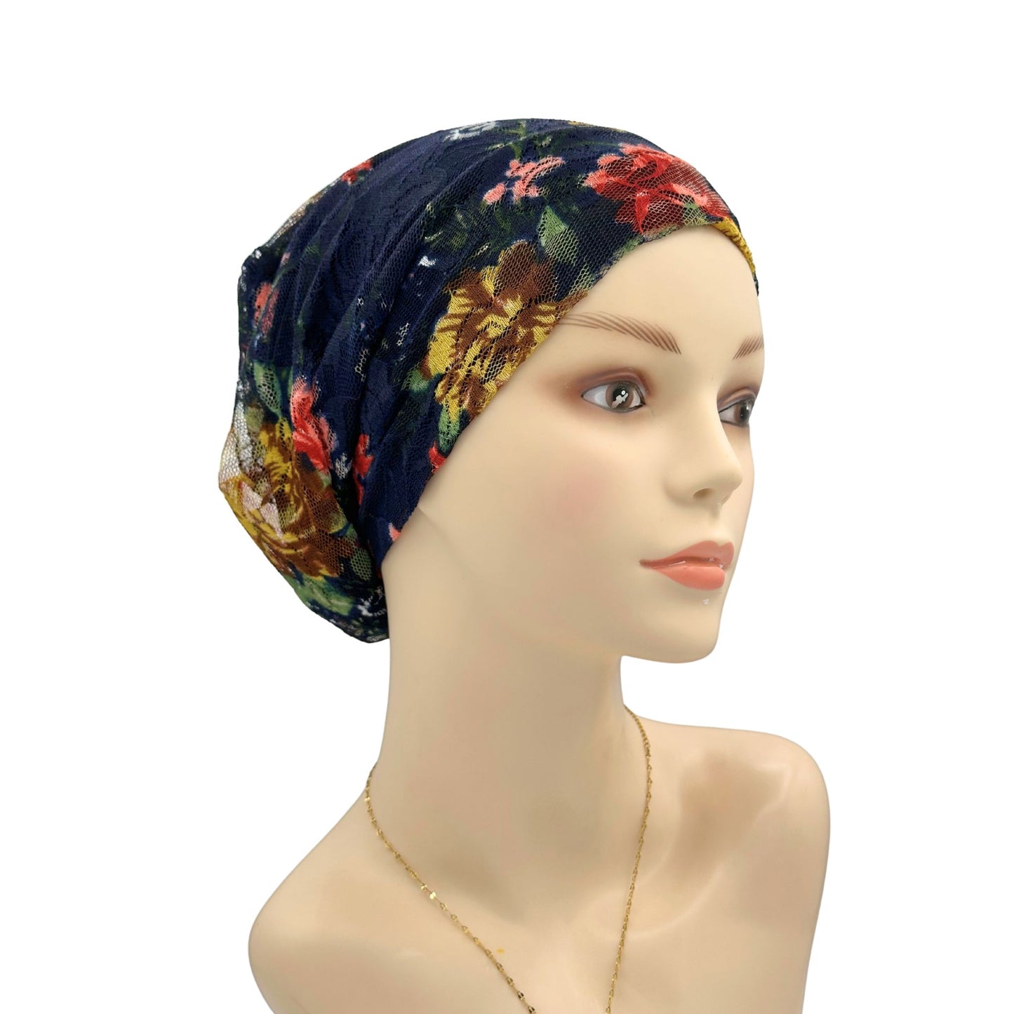 Navy blue floral lace hat for bald head