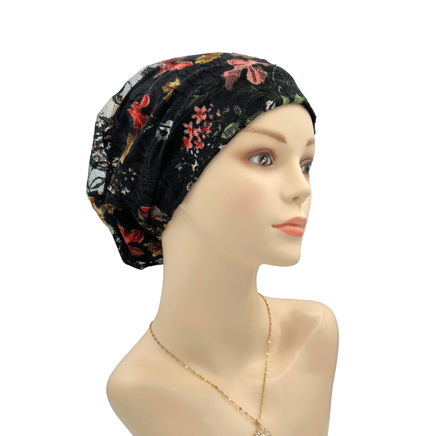 Black floral lace hat for chemo