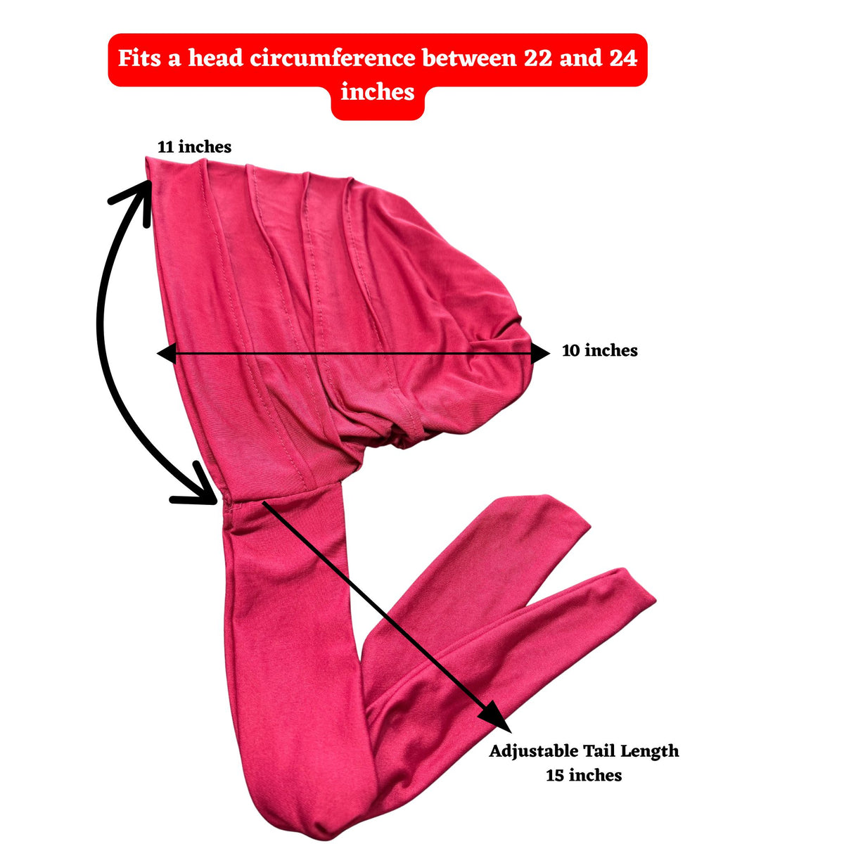 A wine red adjustable headband or head wrap shown on a white background with measurement arrows and text indicating head circumference between 22 and 24 inches, 11-inch width, 10-inch width, and 15-inch adjustable tail length.