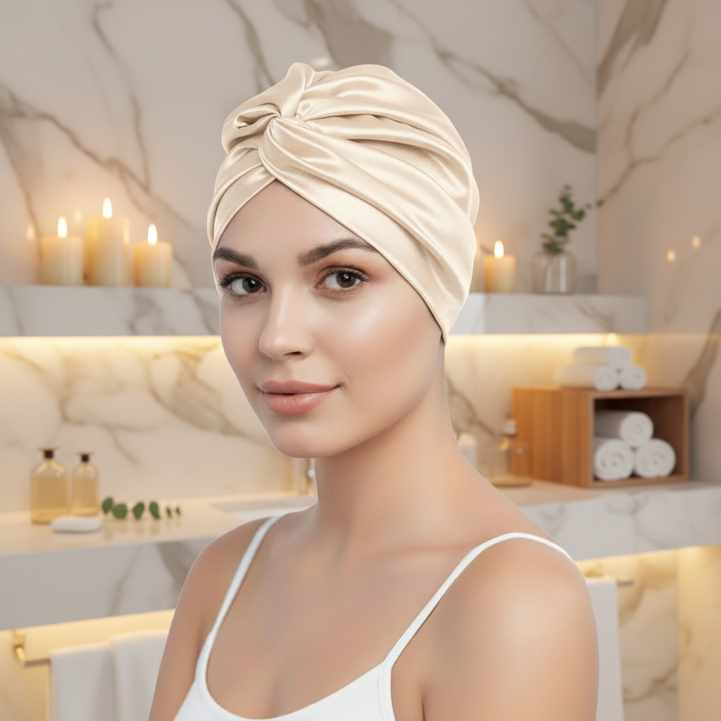 Woman wearing a beige silk turban in a bathroom setting with candles and towels.