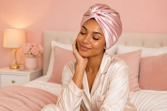 A woman wearing a silk sleep turban in a bedroom setting