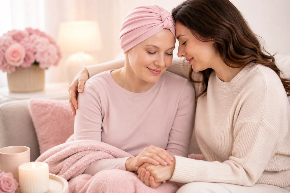 Two women supporting each other in a home setting 
