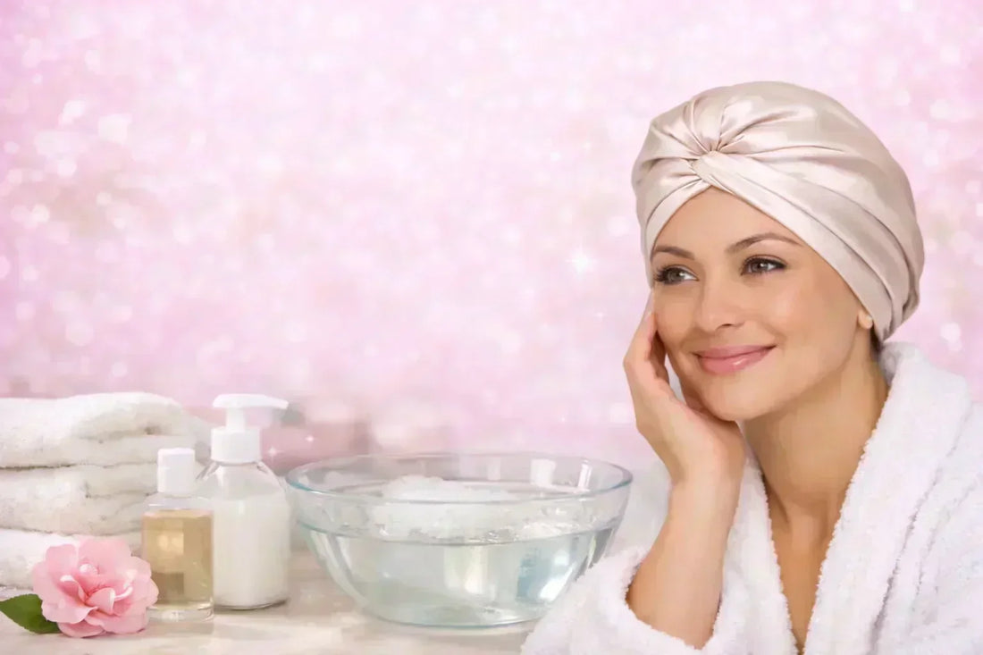 A woman wearing a beige silk turban in a home setting