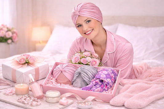 Woman wearing a pink headwrap in a bedroom setting with gifts in her arm