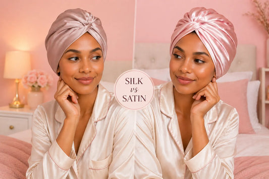 Two women wearing turbans in a bedroom background