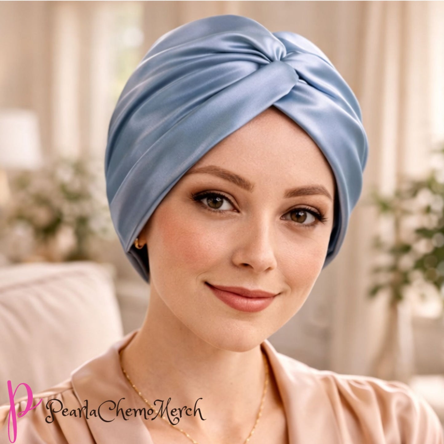 Woman wearing a light blue headscarf with a blurred indoor background