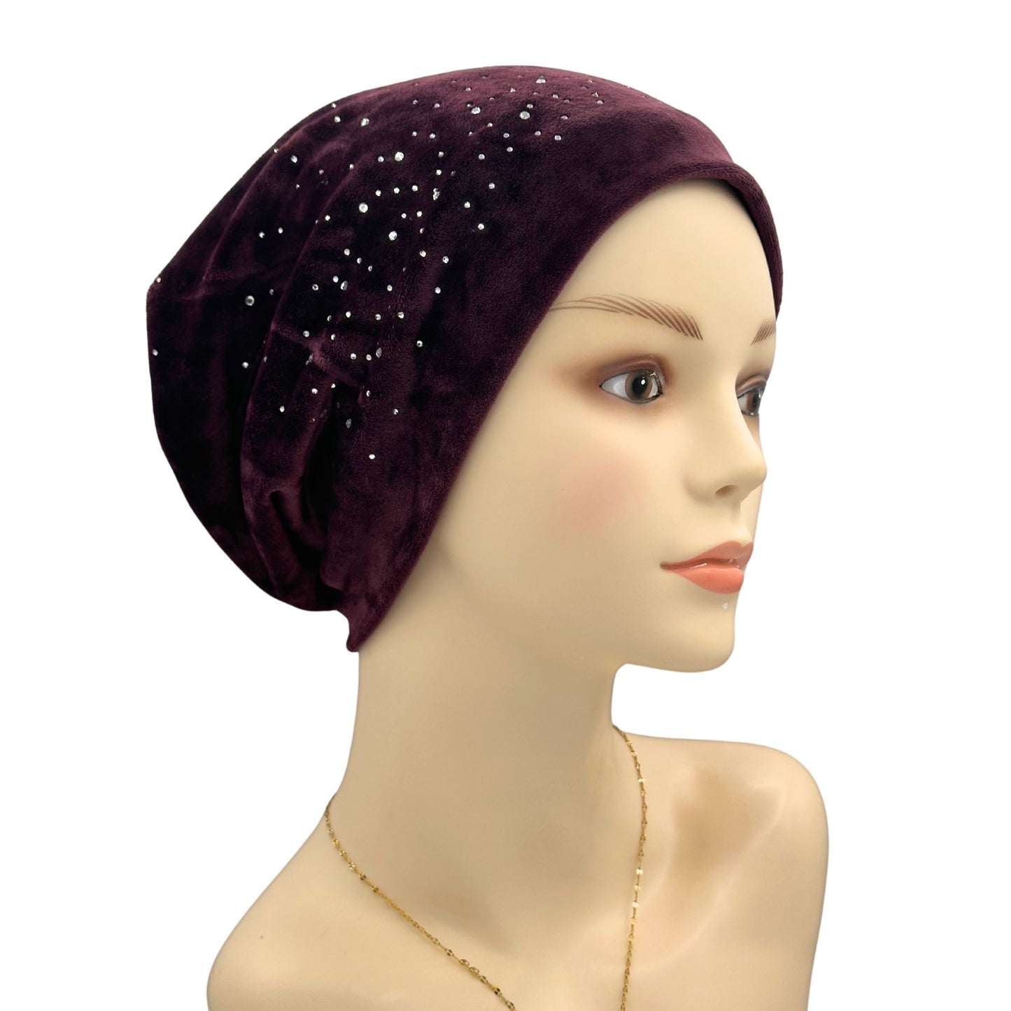 Beaded Jewels Velvet Chemo Alopecia Hat wine red