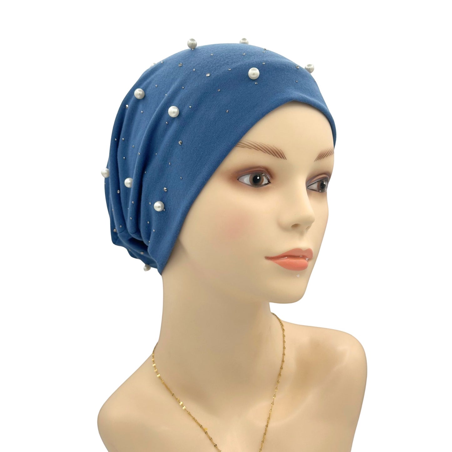 dressy chemo hat with diamond beads embelishments blue