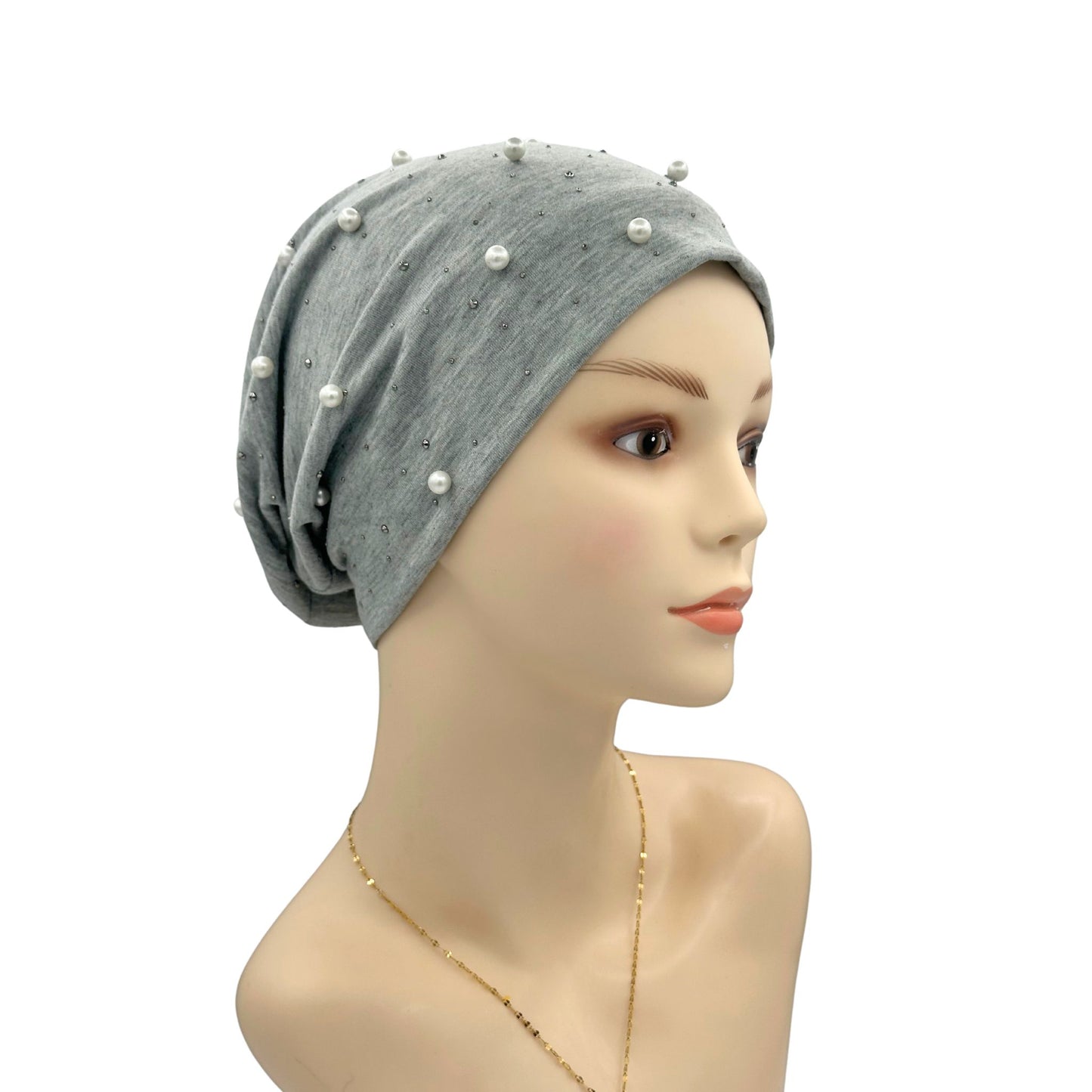 gray beaded chemo baggy hat for women