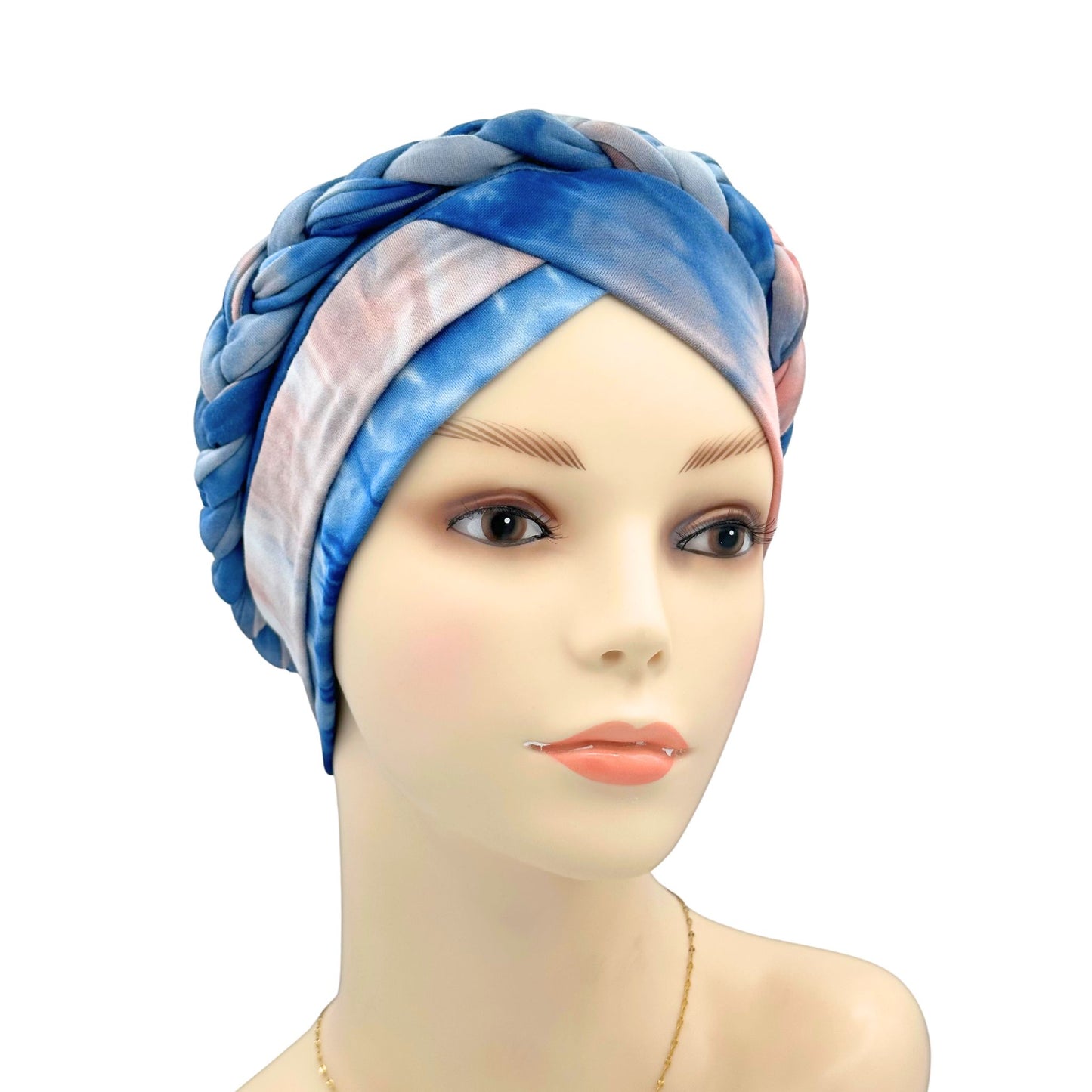 blue head wrap for chemo patient