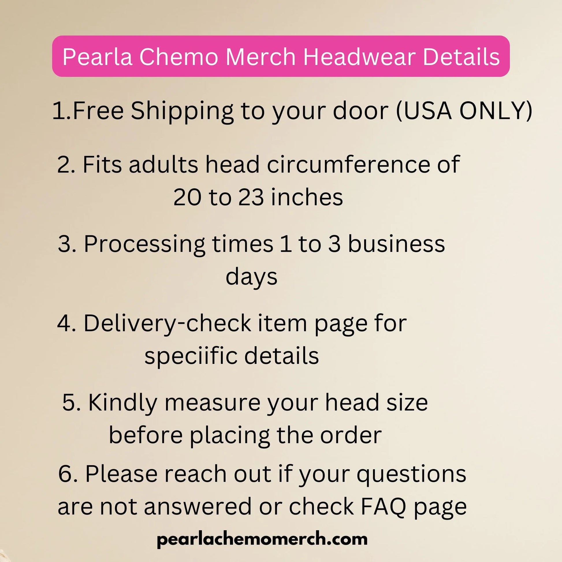 Pearla Chemo Merch Headwear Details text on a beige background