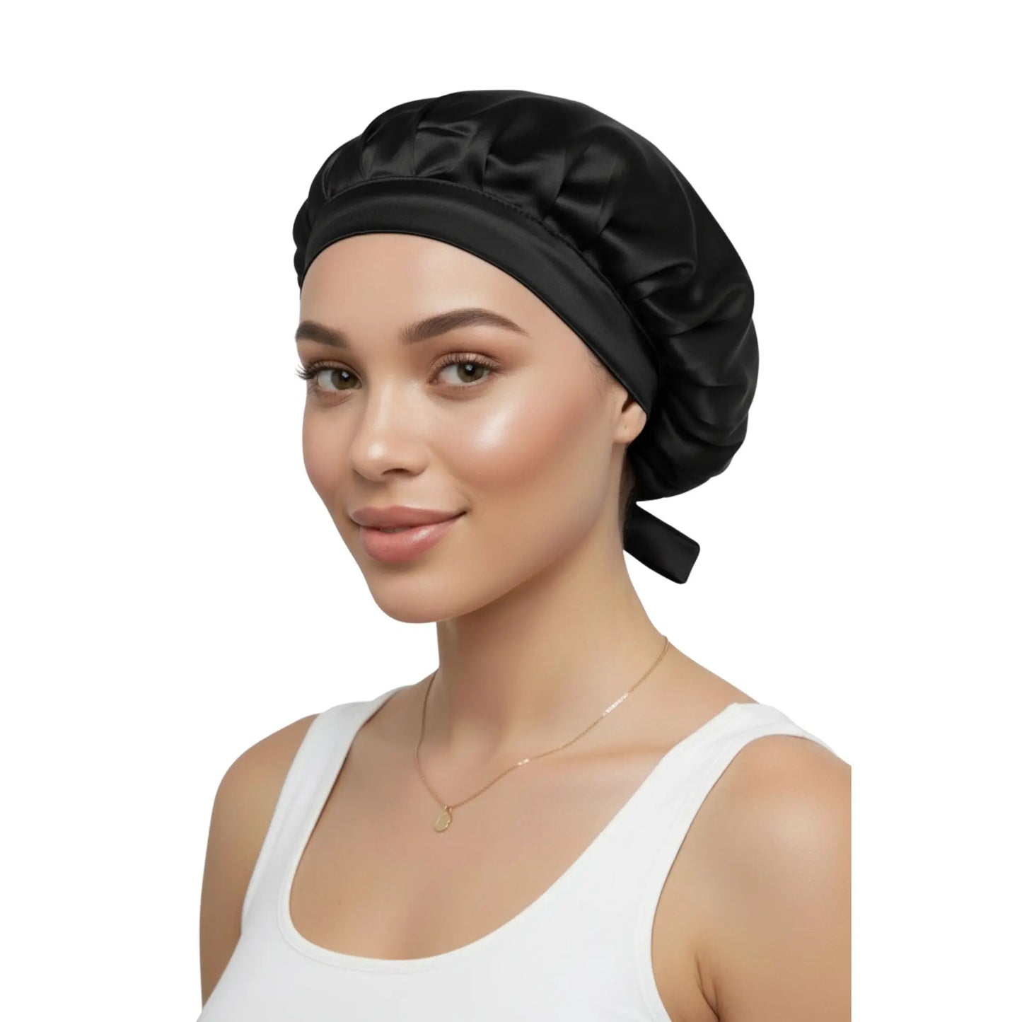 Woman wearing a black silk bonnet on a white background