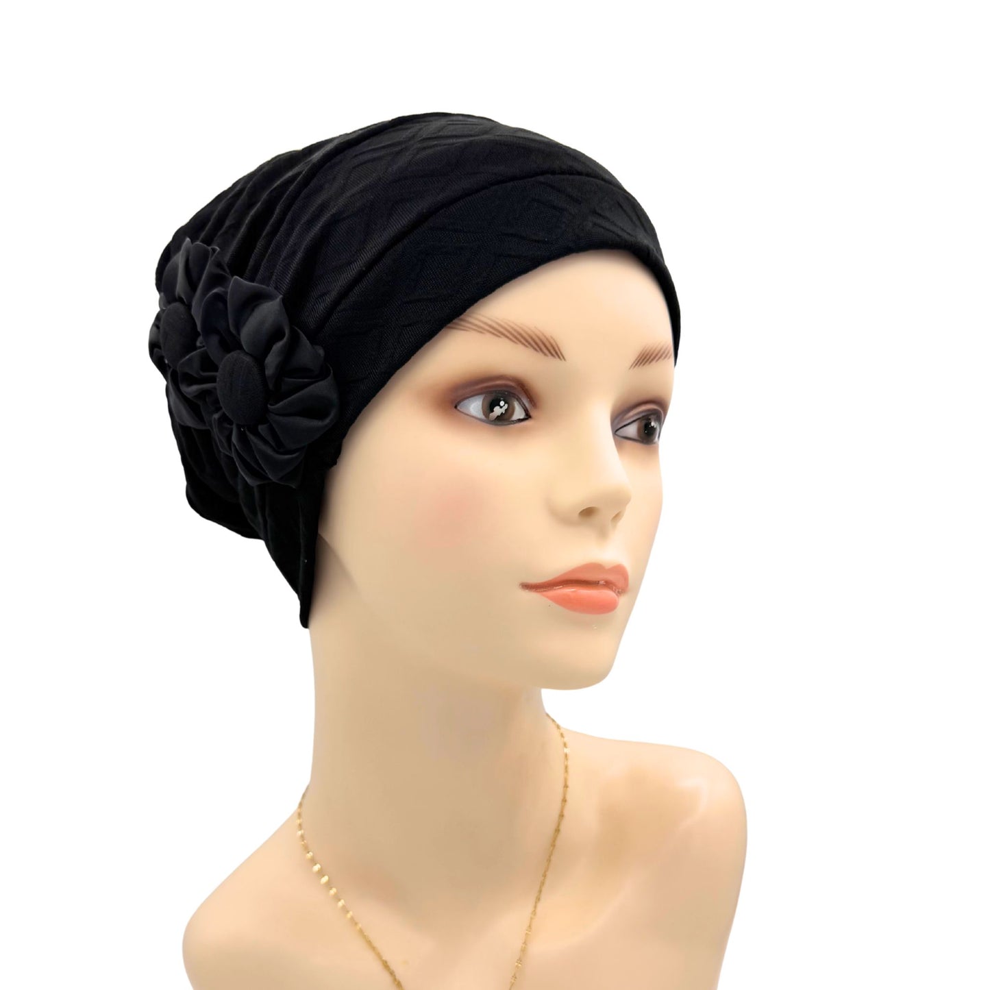 Black headwear with side flowers