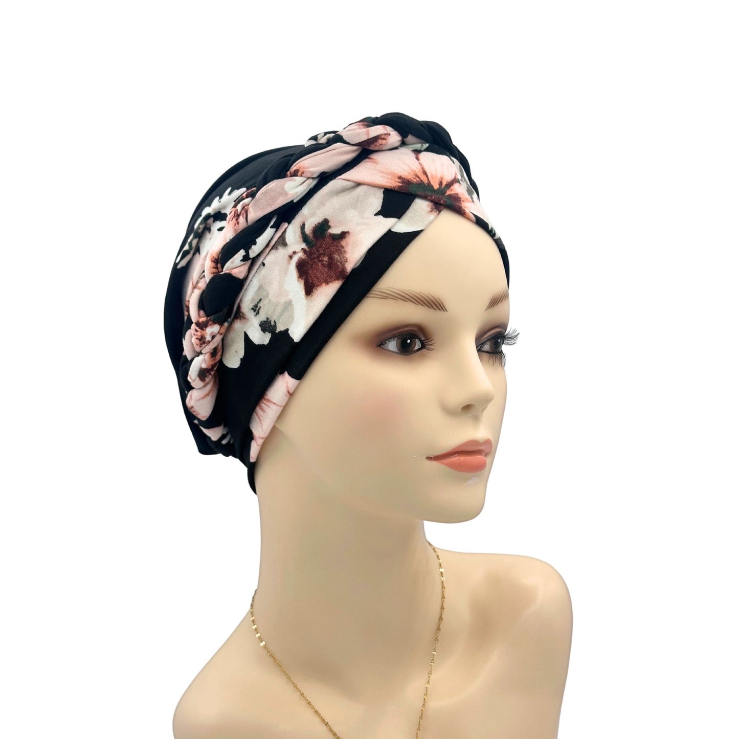 Comfy Braided Chemo Head Wrap on a mannequin with a white background