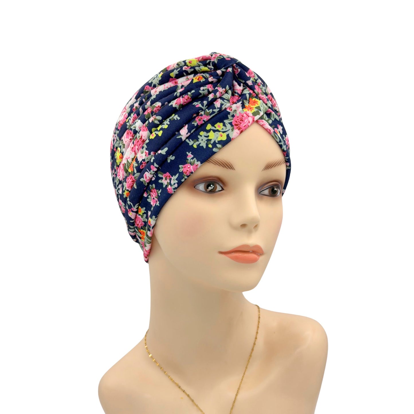 Navy floral headwrap for bald heads