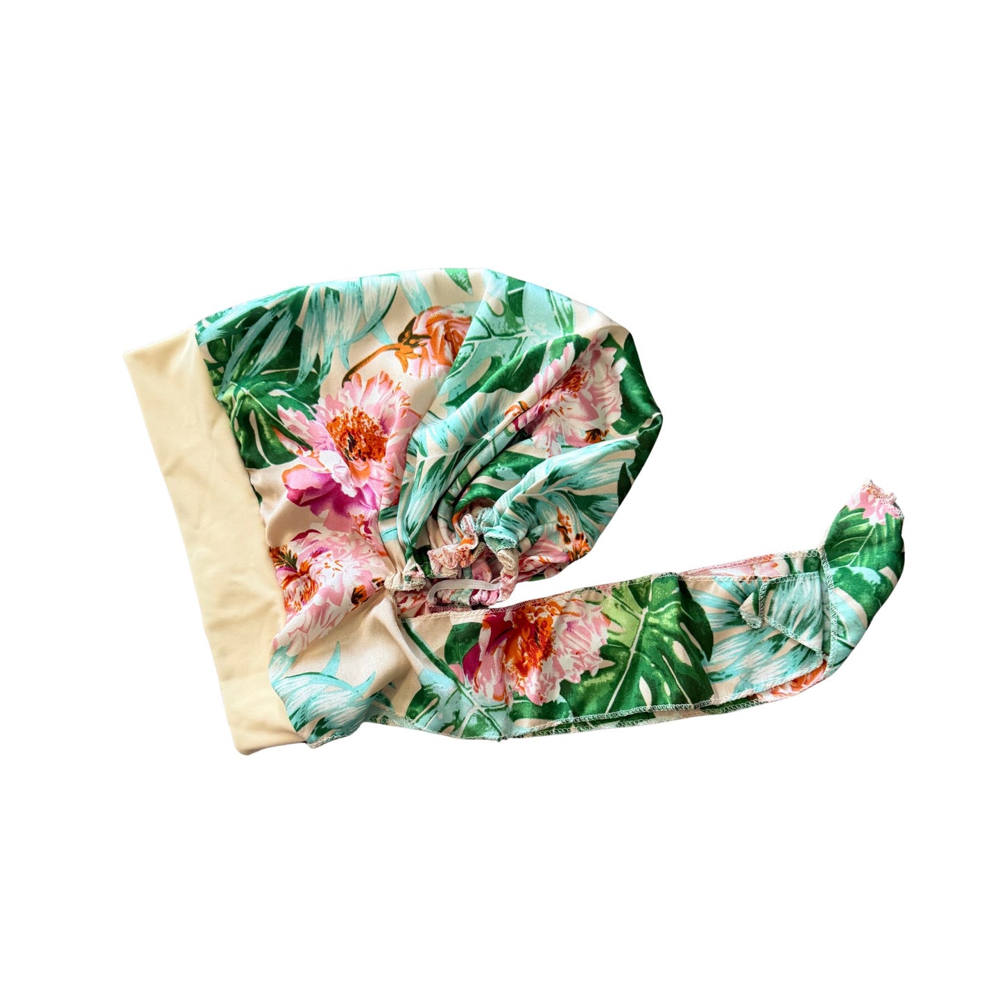 Beige band floral headscarf on a white background