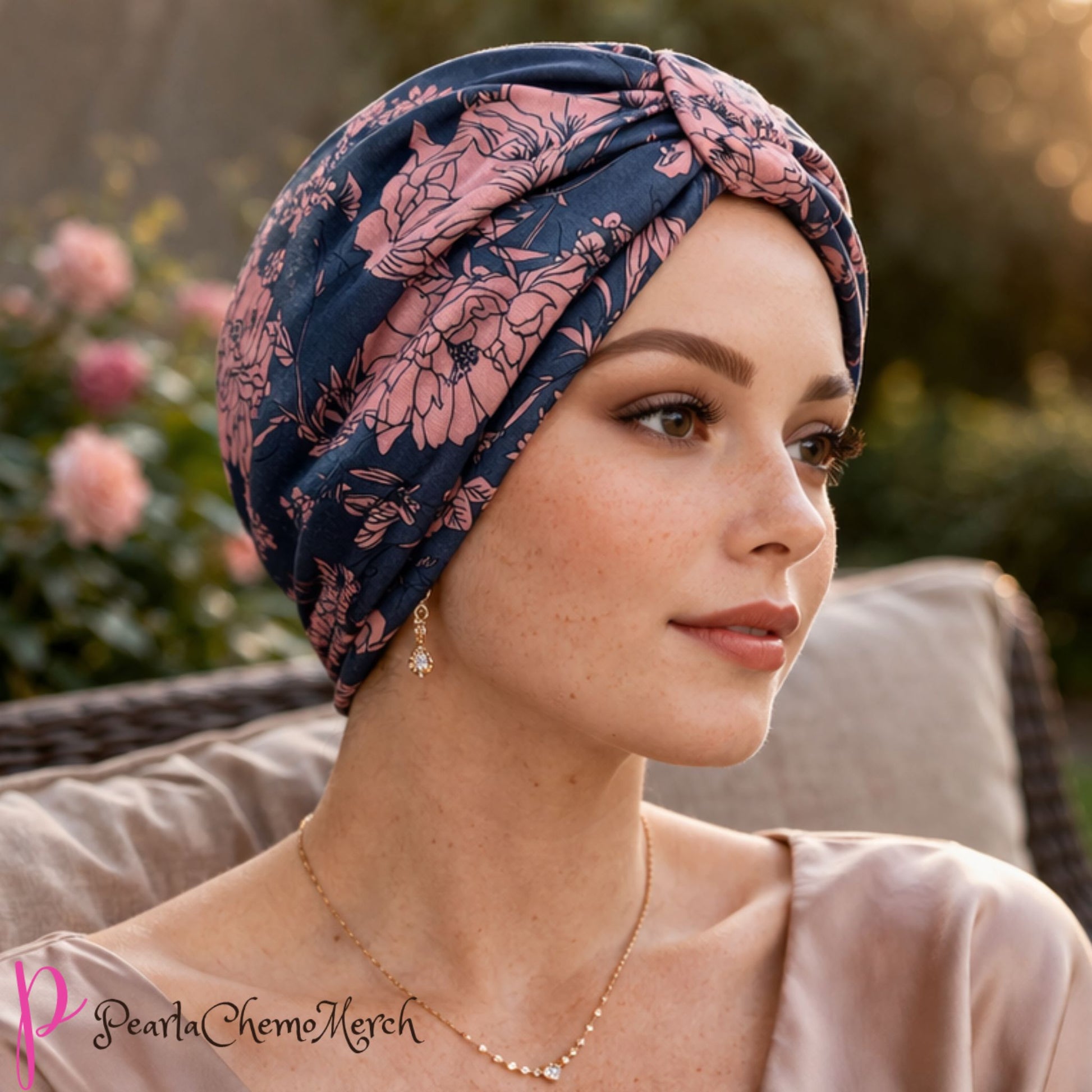 Woman wearing a floral chemo headwear outdoors 