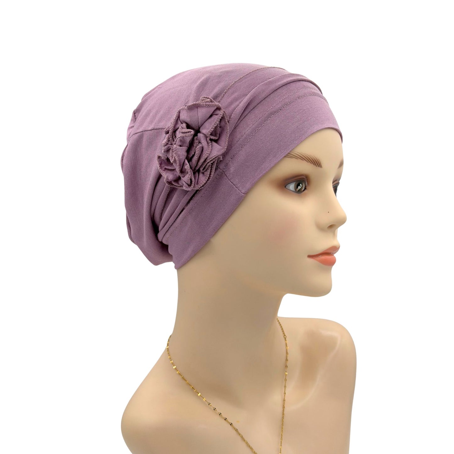 Purple chemo hat  with a flower 