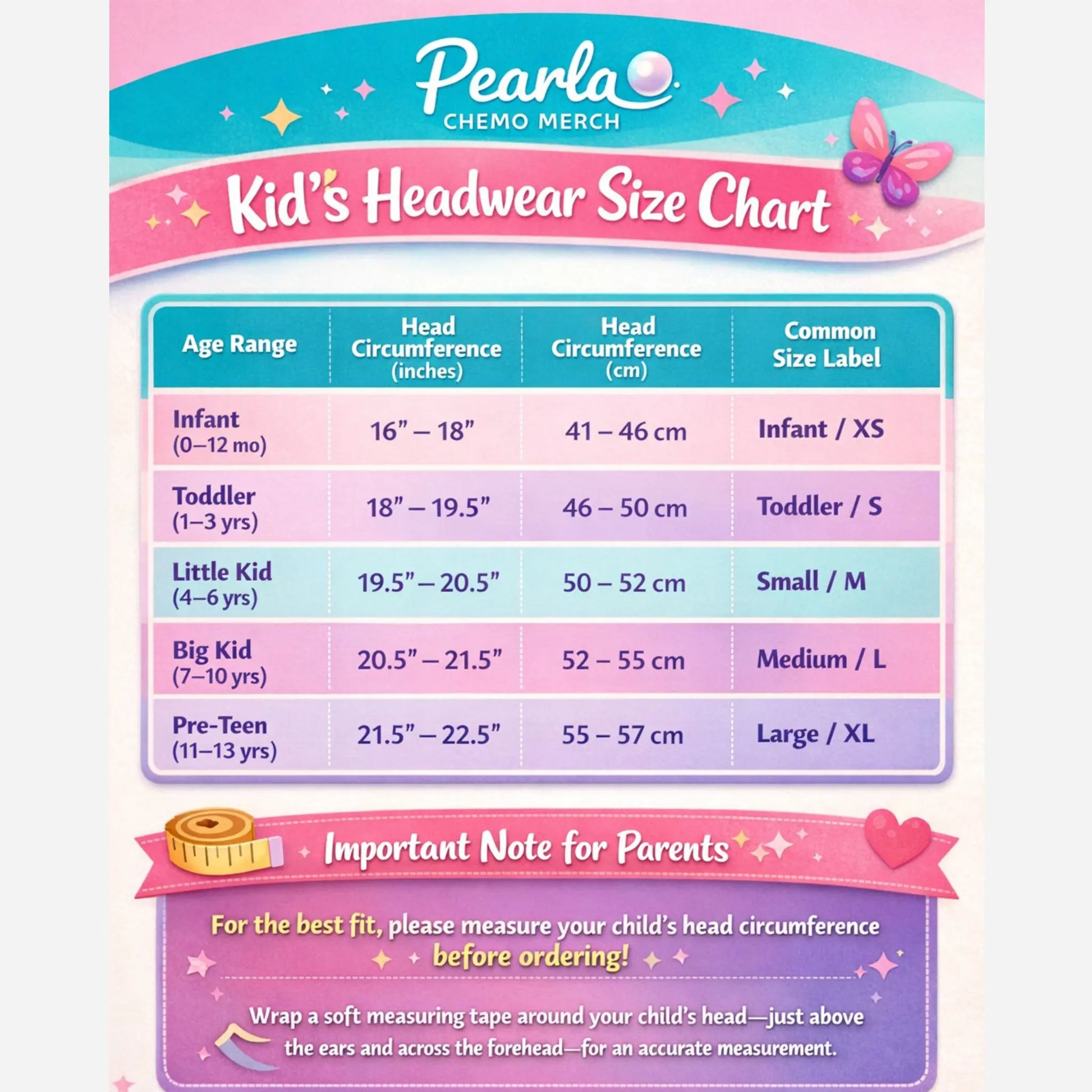 Pearlta Kid's Headwear Size Chart with age range, head circumference, and size label information.