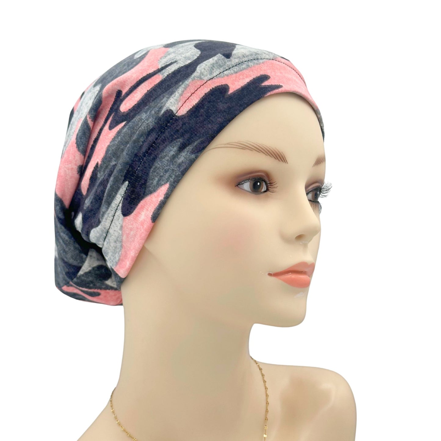 sleep hat with satin lining pink and grey