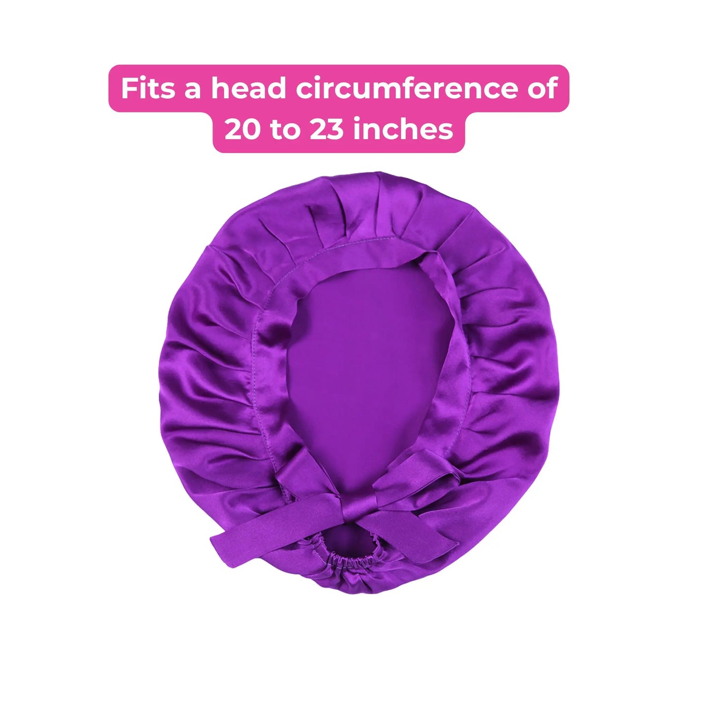 Purple silk head cover with text indicating head circumference fit on a white background