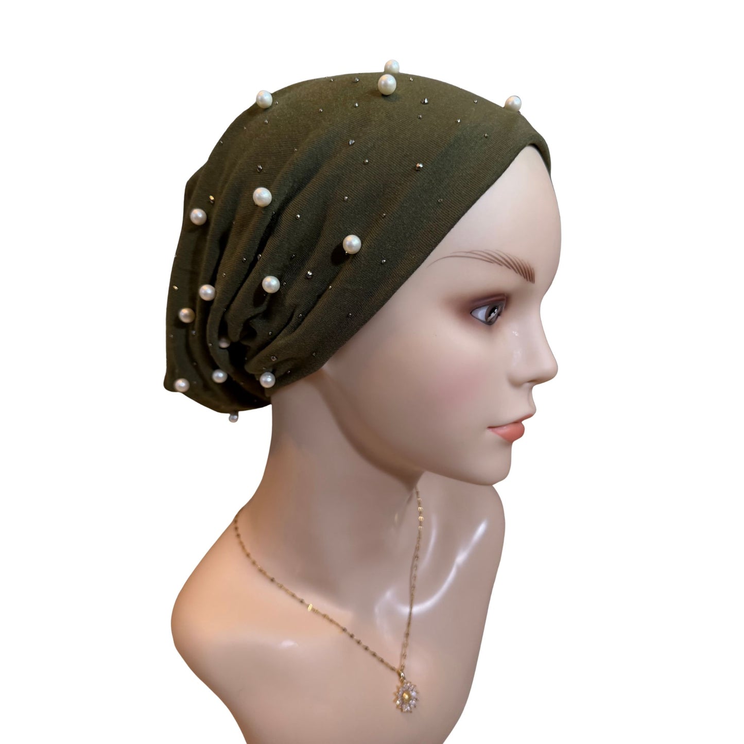 Army green beaded hat on a white background