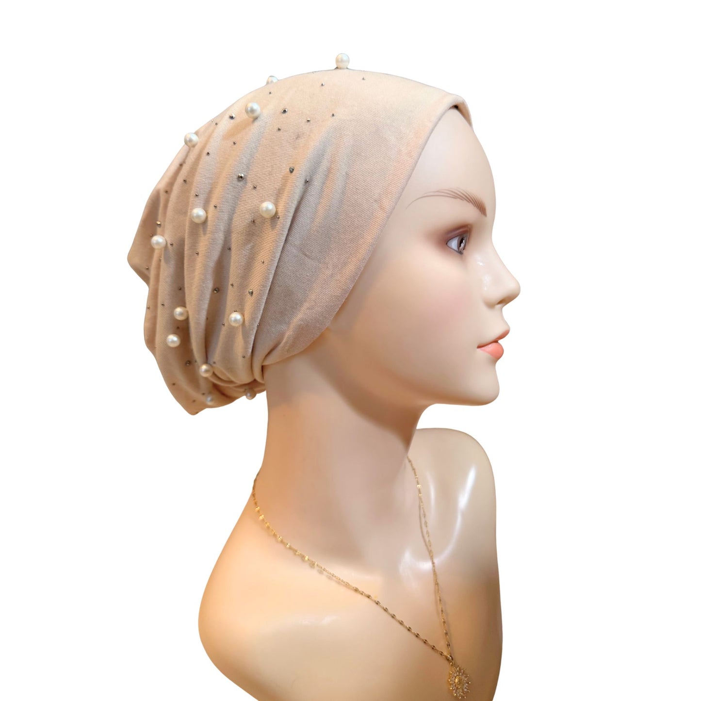 Beige Beaded Chemo Alopecia Hat on a white background