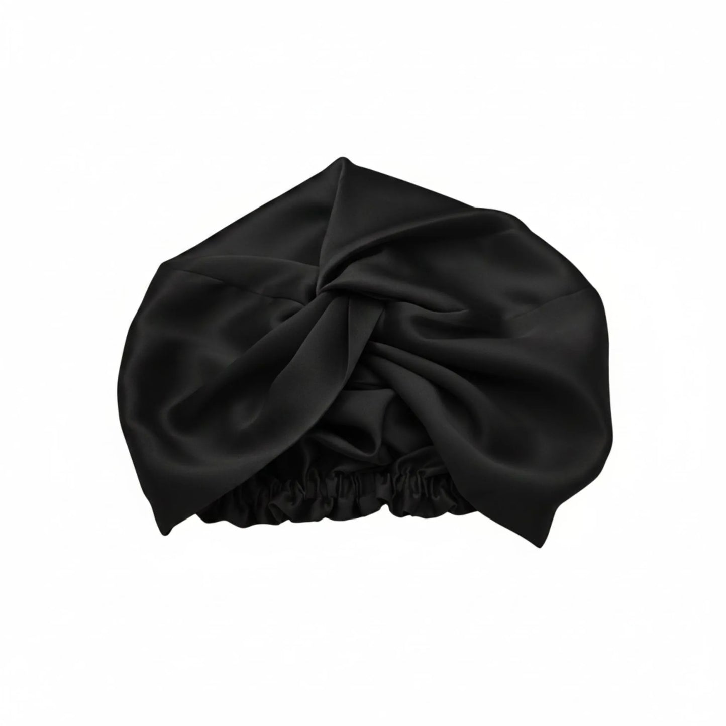 Black silk sleep turban on a white background