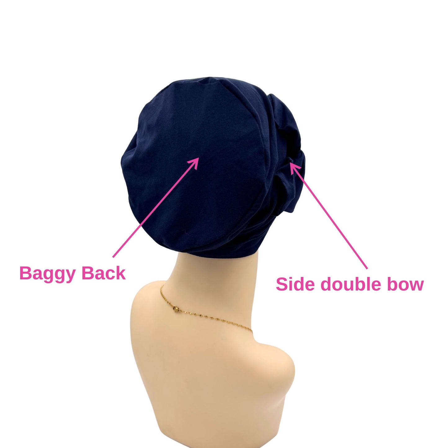 Navy blue headscarf on a mannequin head with annotations pointing to 'Baggy Back' and 'Side double bow'.