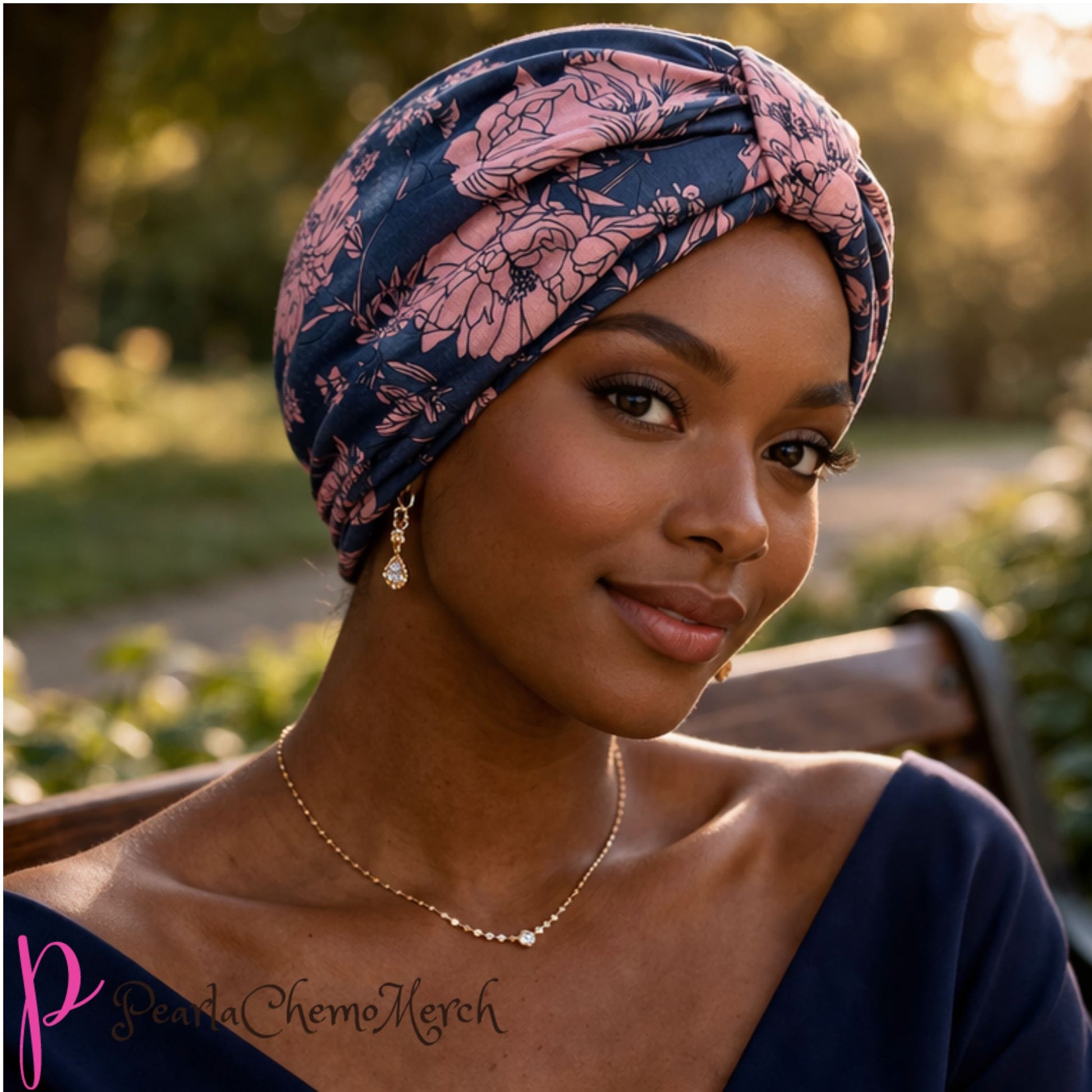 Woman wearing a floral Chemo headscarf in an outdoor setting