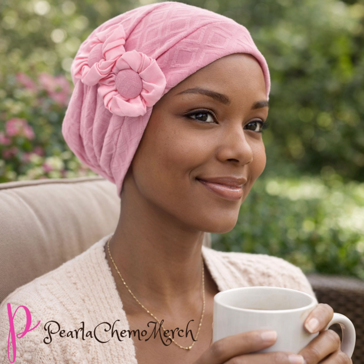 Woman wearing a pinkchemo hat with a flower holding a white mug outdoors.