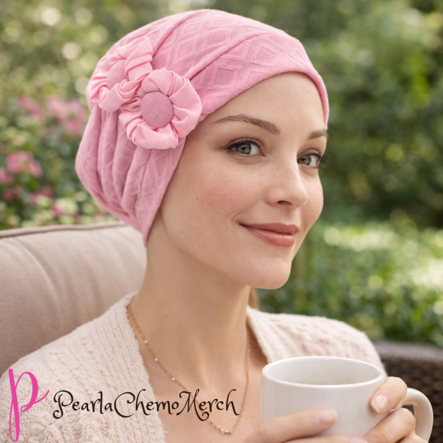Woman wearing a pink alopecia hat with a flower, holding a white mug outdoors.