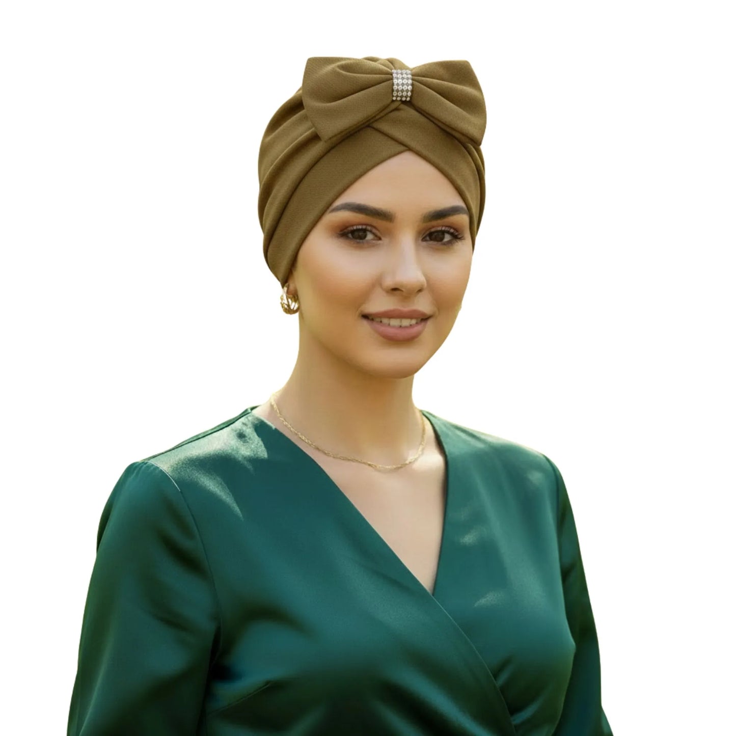 A woman wearing a brown hat embelished with a bow in a white background