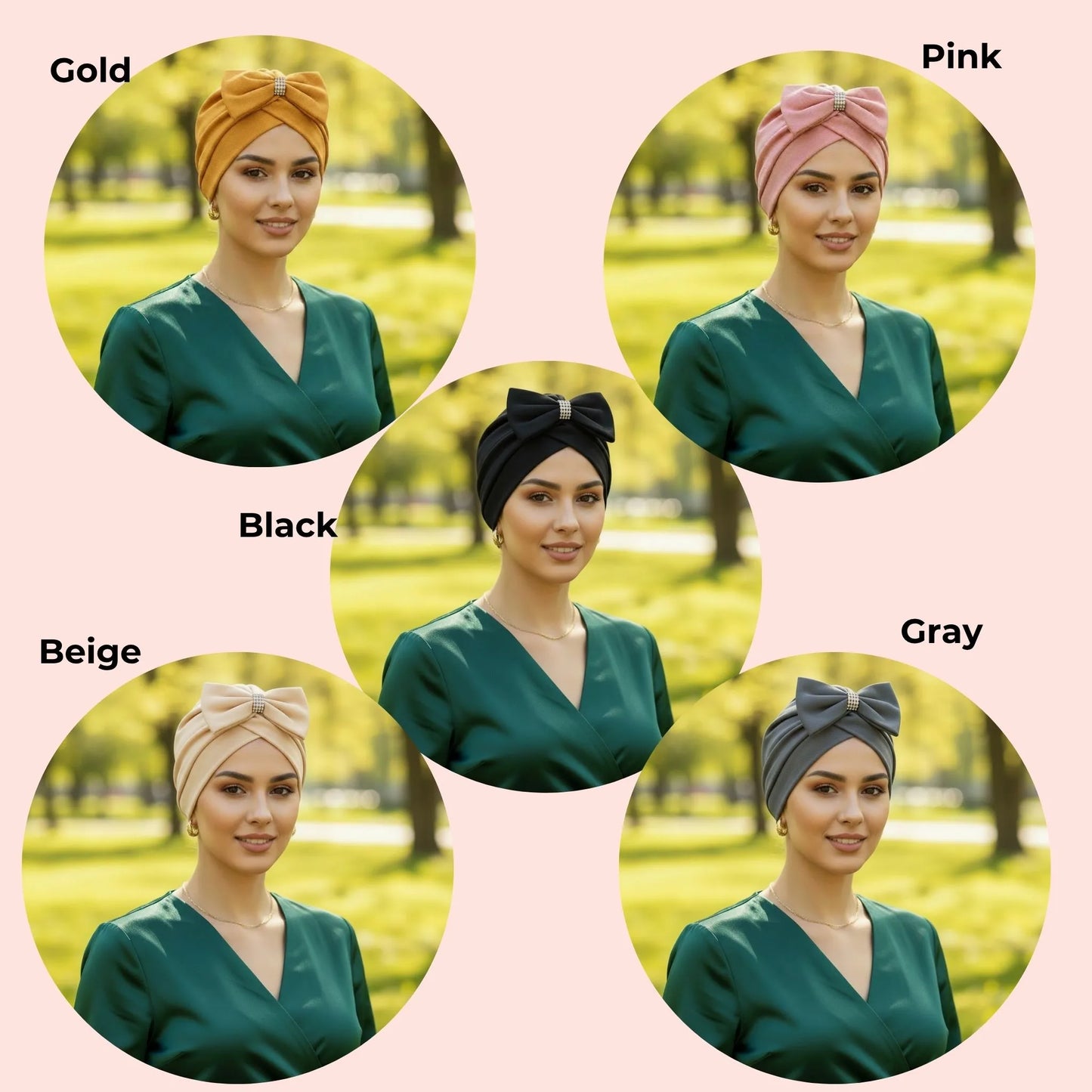 Five circular images of a woman wearing a green top and different colored headscarves in various outdoor settings.