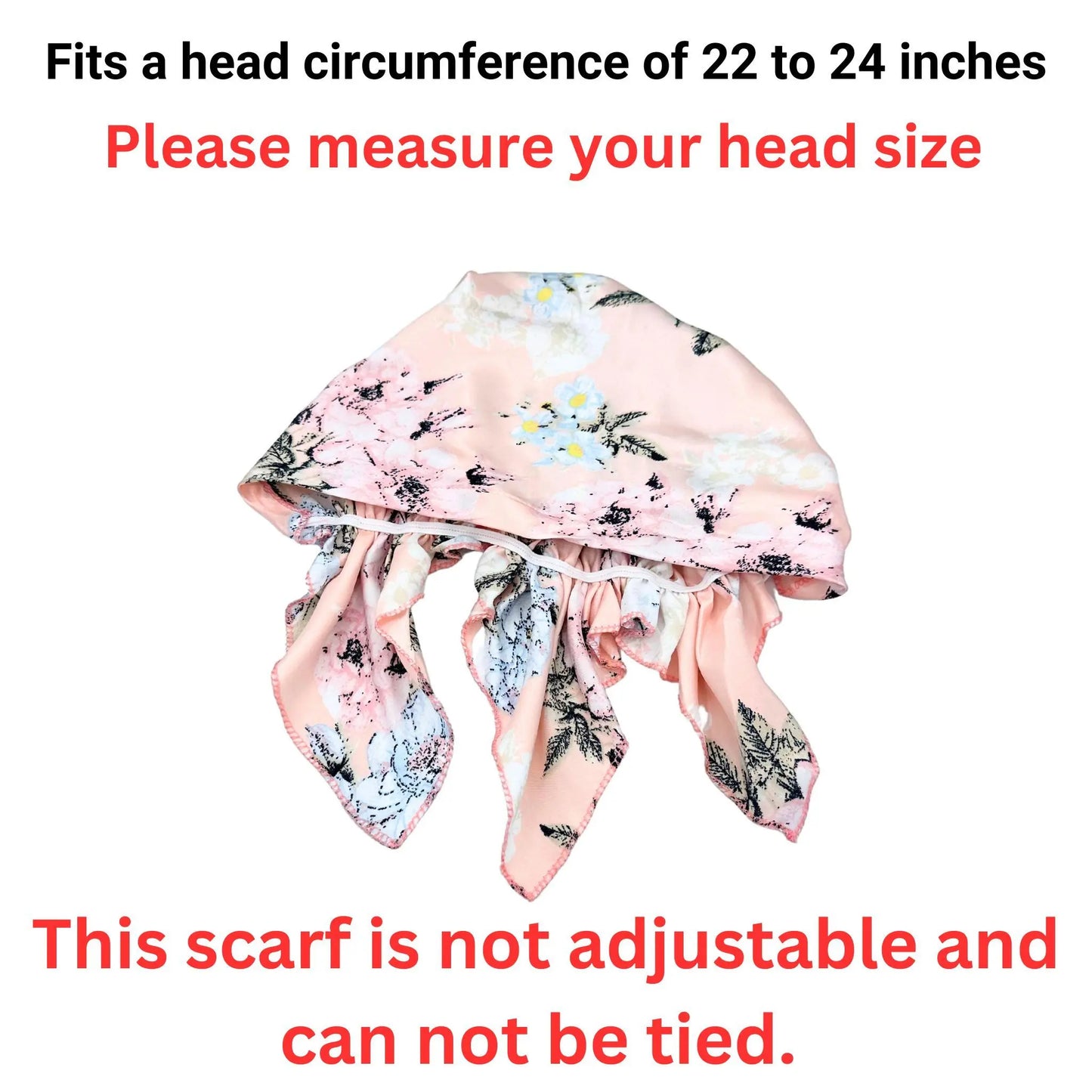 Floral headscarf with text about head size and adjustability on a white background