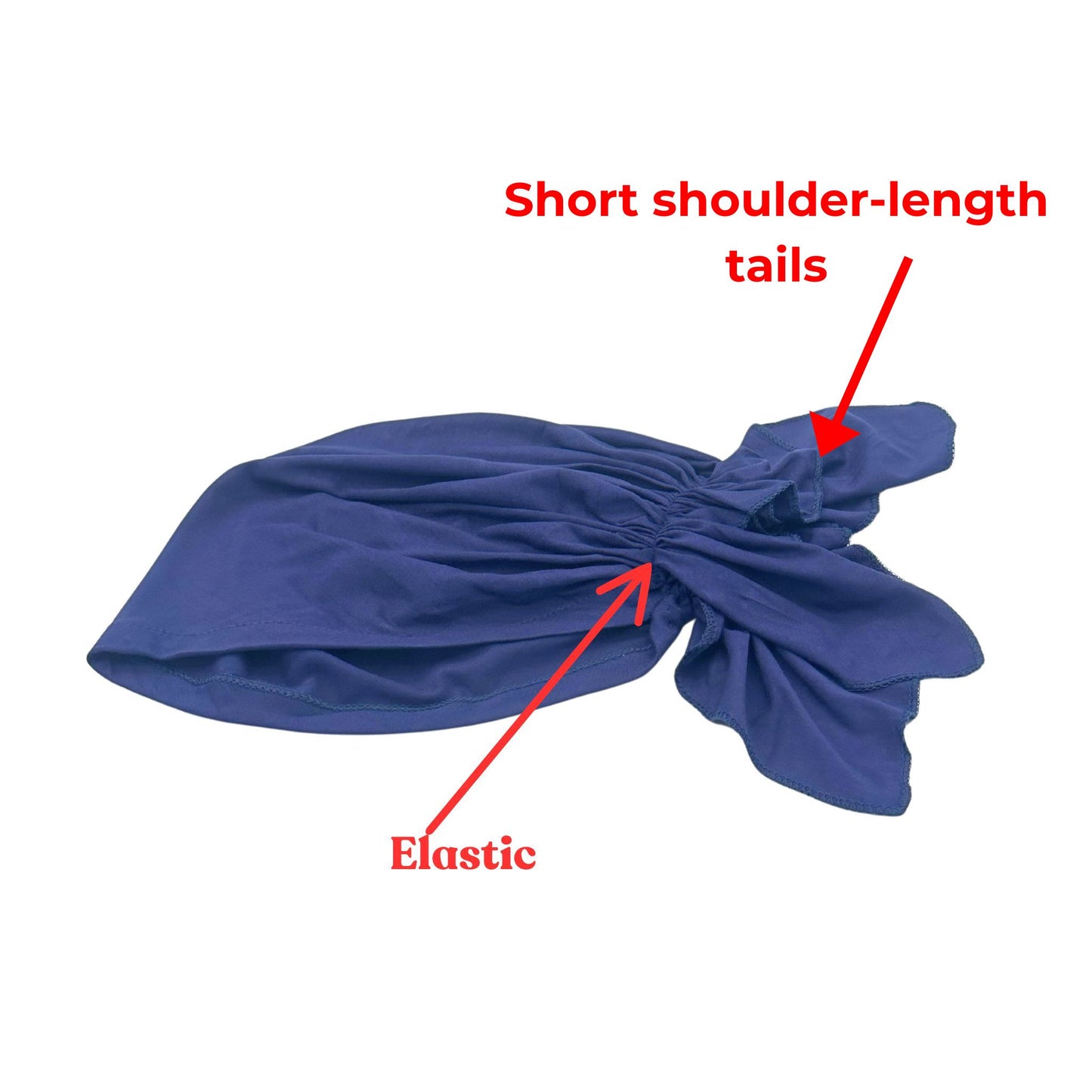Blue headscarf with 'Short shoulder-length tails' and 'Elastic' text and arrows on a white background