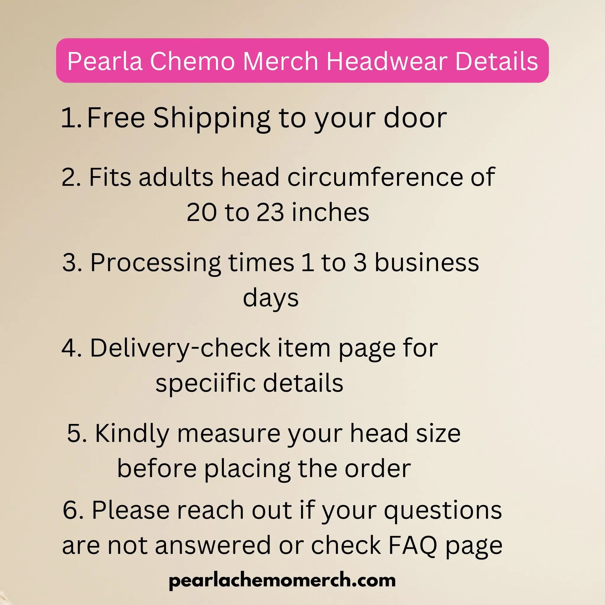 Pearla Chemo Merch Headwear Details text on a beige background