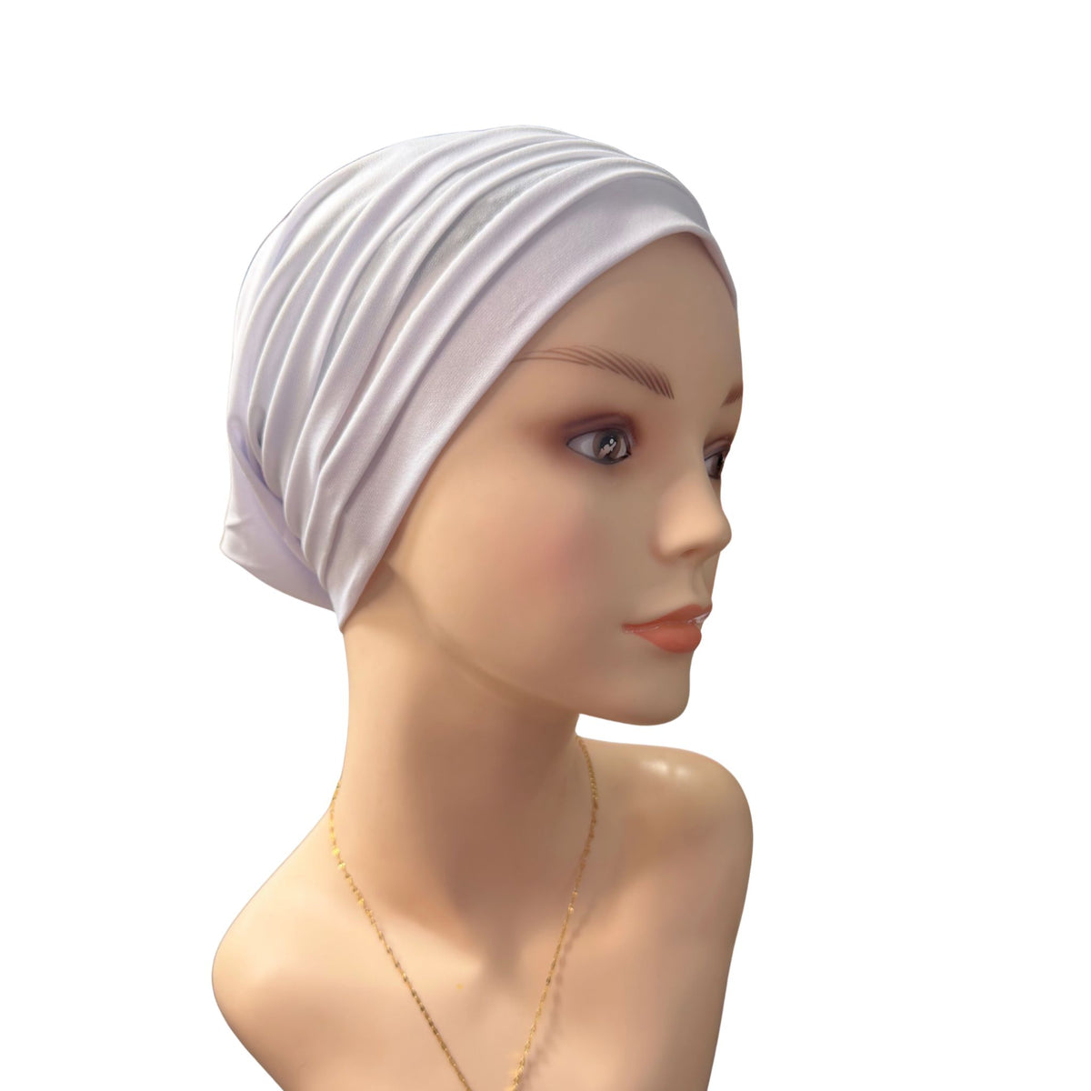 A mannequin wearing a white Chemo Head Wrap on a white background