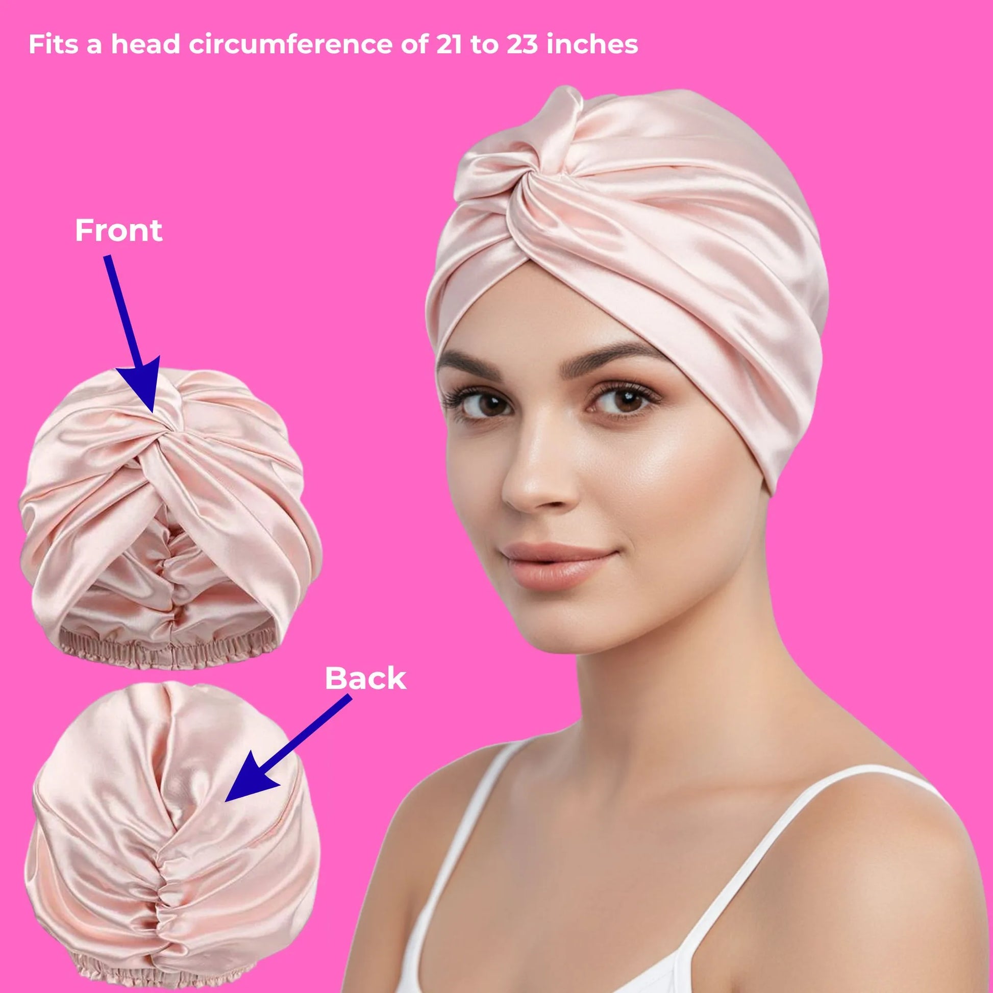 Woman wearing a pink silk head wrap with measurements on a pink background