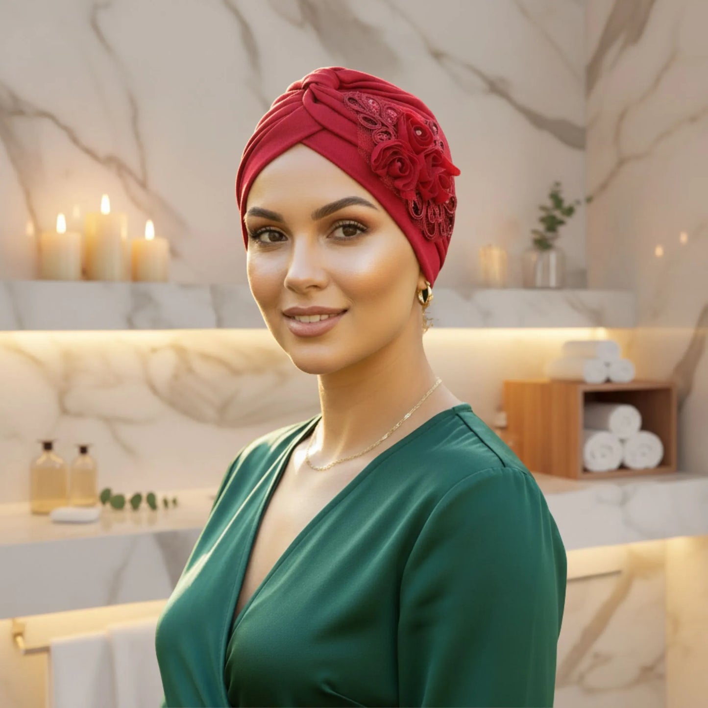 Woman wearing a red floral turban in a bathroom background