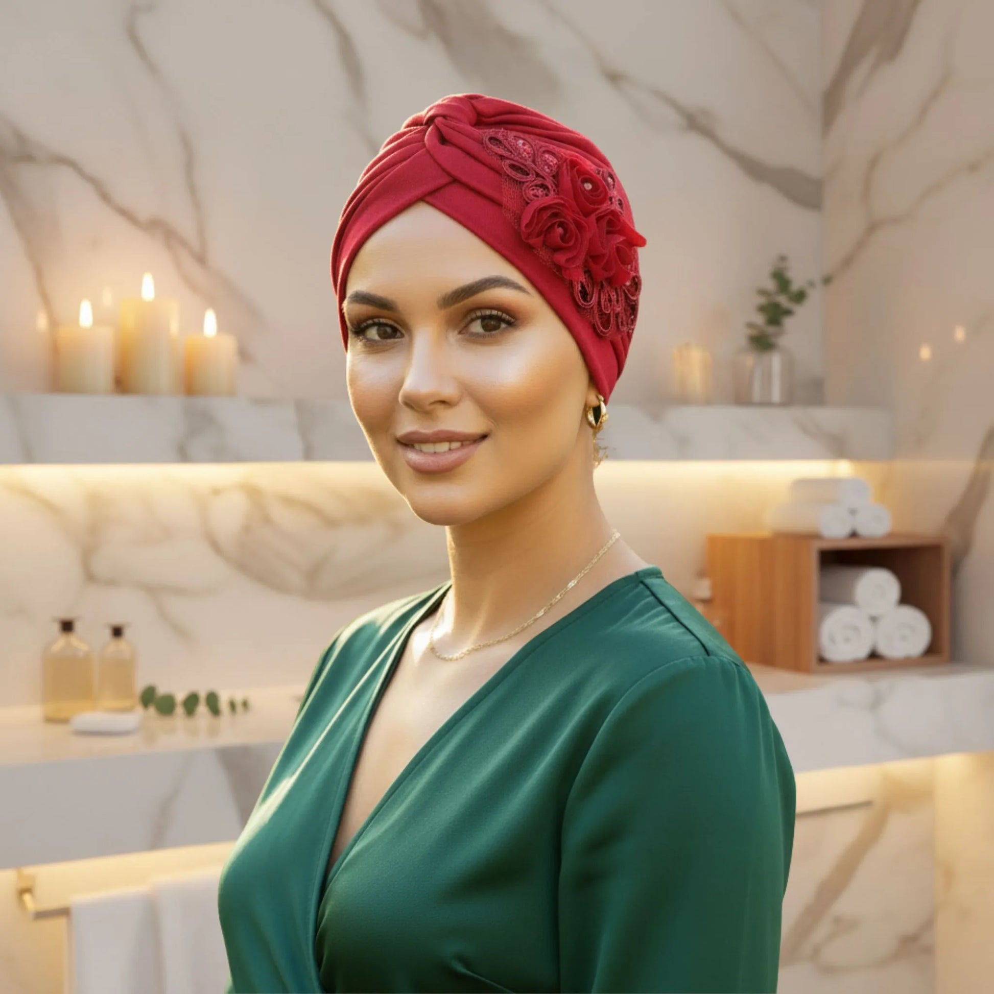 Woman wearing a red floral turban in a bathroom background