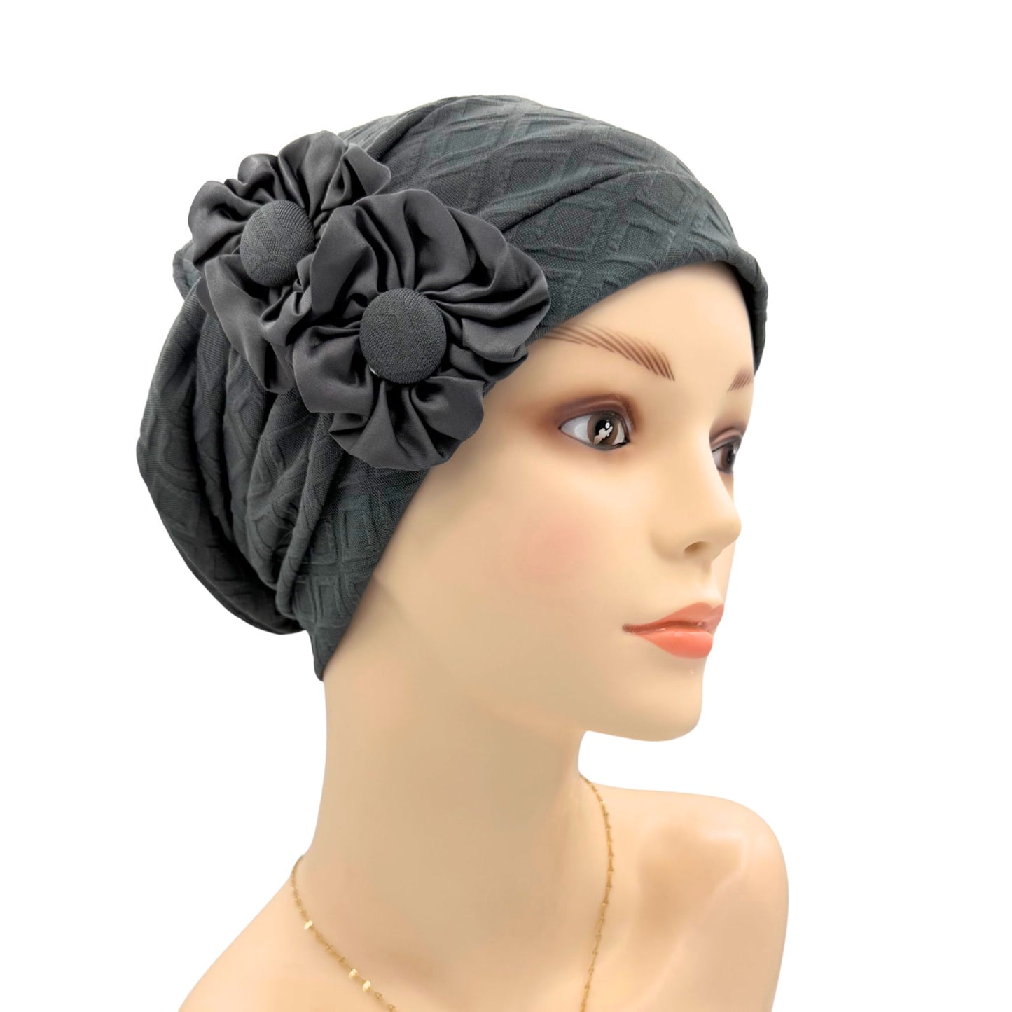 Gray fashion hat with floral design on a mannequin head against a white background