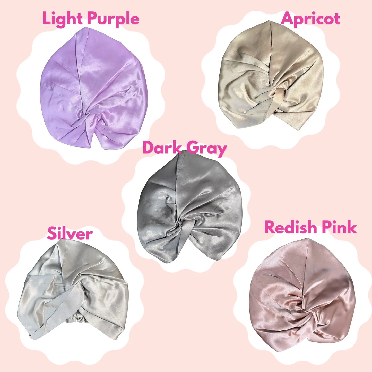Five silk hair bonnets in different colors on a pink background